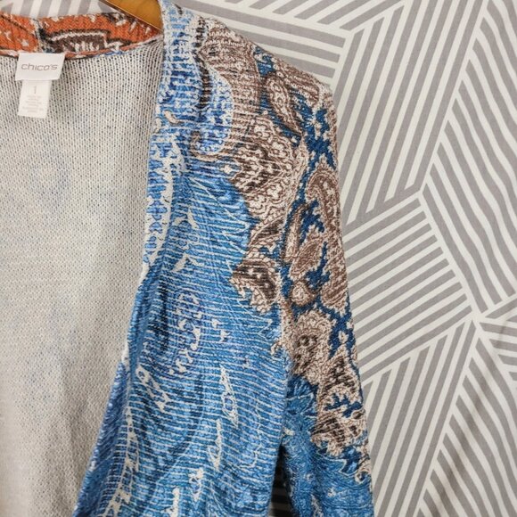 Chicos Size 1 Medium Open Front Drape Cardigan Sweater Paisley Blue orange - Picture 3 of 7